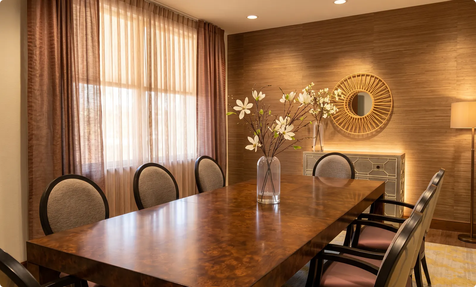 An executive dining room with a wood table and upholstered seating